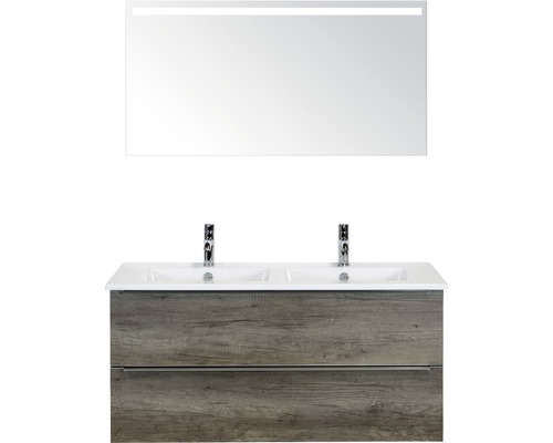 Doppelbadmöbel Sanox Pulse BxHxT 121 x 170 x 51 cm Frontfarbe nebraska oak mit Waschtisch Keramik weiß und Waschtischunterschrank Doppelwaschtisch Spiegel mit LED-Beleuchtung Griff chrom matt 84725924