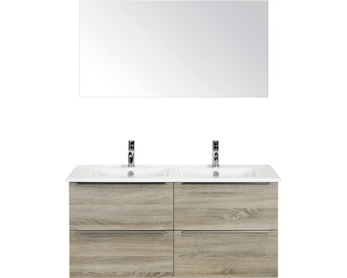 Set de meubles de salle de bains Sanox Pulse lxhxp 121 x 170 x 51 cm couleur de façade chêne gris avec vasque en céramique blanc et meuble sous vasque double vasque miroir
