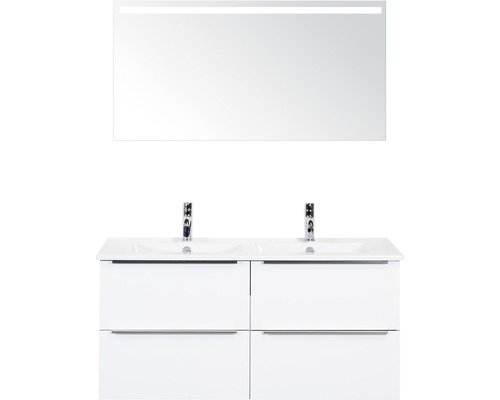 Set de meubles de salle de bains Sanox Pulse lxhxp 121 x 170 x 51 cm couleur de façade blanc haute brillance avec vasque en céramique blanc et meuble sous vasque double vasque miroir avec éclairage LED