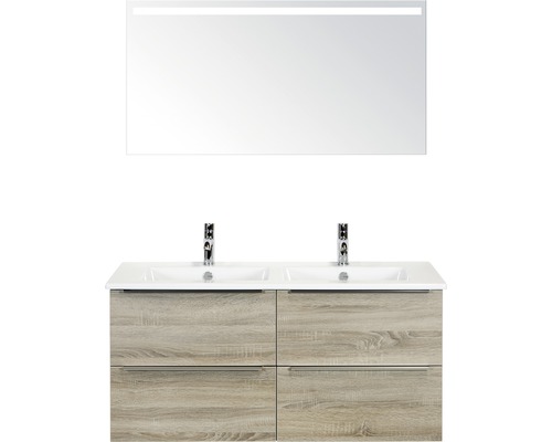 Set de meubles de salle de bains Sanox Pulse lxhxp 121 x 170 x 51 cm couleur de façade chêne gris avec vasque en céramique blanc et meuble sous vasque double vasque miroir avec éclairage LED