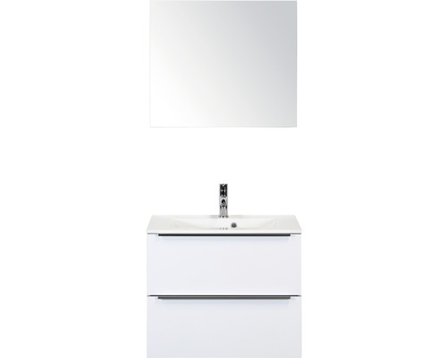 Set de meubles de salle de bains Sanox Pulse lxhxp 70 x 170 x 50 cm couleur de façade blanc haute brillance avec vasque en fonte minérale blanc et meuble sous vasque vasque miroir