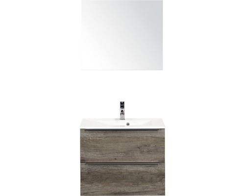Badmöbel-Set Sanox Pulse BxHxT 70 x 170 x 50 cm Frontfarbe nebraska oak mit Waschtisch Mineralguss weiß und Waschtischunterschrank Waschtisch Spiegel