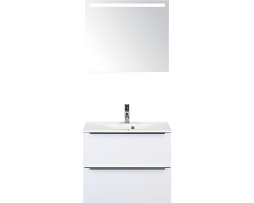Badmöbel-Set Sanox Pulse BxHxT 70 x 170 x 50 cm Frontfarbe weiß hochglanz mit Waschtisch Mineralguss weiß und Waschtischunterschrank Waschtisch Spiegel mit LED-Beleuchtung