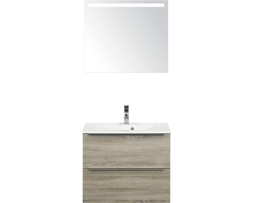 Badmöbel-Set Sanox Pulse BxHxT 70 x 170 x 50 cm Frontfarbe eiche grau mit Waschtisch Mineralguss weiß und Waschtischunterschrank Waschtisch Spiegel mit LED-Beleuchtung