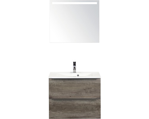 Set de meubles de salle de bains Sanox Pulse lxhxp 70 x 170 x 50 cm couleur de façade nebraska oak avec vasque en fonte minérale blanc et meuble sous vasque vasque miroir avec éclairage LED