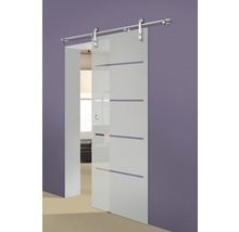 Porte coulissante en verre avec rayures horizontales et système de porte coulissante