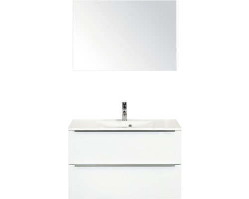 Badmöbel-Set Sanox Pulse BxHxT 90 x 170 x 50 cm Frontfarbe weiß hochglanz mit Waschtisch Mineralguss weiß und Waschtischunterschrank Waschtisch Spiegel