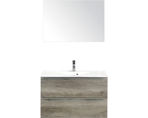Badmöbel-Set Sanox Pulse BxHxT 90 x 170 x 50 cm Frontfarbe nebraska oak mit Waschtisch Mineralguss weiß und Waschtischunterschrank Waschtisch Spiegel