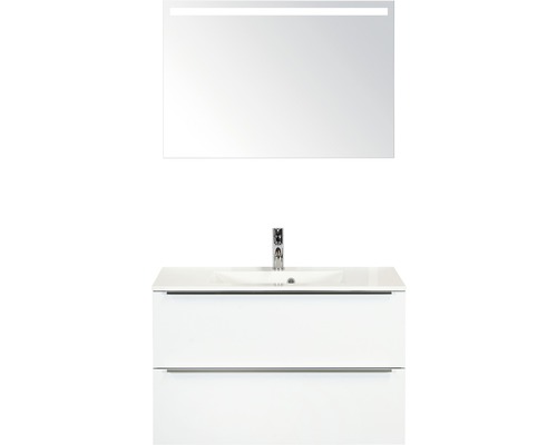 Set de meubles de salle de bains Sanox Pulse lxhxp 90 x 170 x 50 cm couleur de façade blanc haute brillance avec vasque en fonte minérale blanc et meuble sous vasque vasque miroir avec éclairage LED