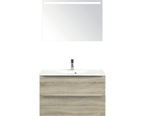 Badmöbel-Set Sanox Pulse BxHxT 90 x 170 x 50 cm Frontfarbe eiche grau mit Waschtisch Mineralguss weiß und Waschtischunterschrank Waschtisch Spiegel mit LED-Beleuchtung