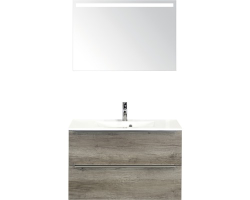 Badmöbel-Set Sanox Pulse BxHxT 90 x 170 x 50 cm Frontfarbe nebraska oak mit Waschtisch Mineralguss weiß und Waschtischunterschrank Waschtisch Spiegel mit LED-Beleuchtung