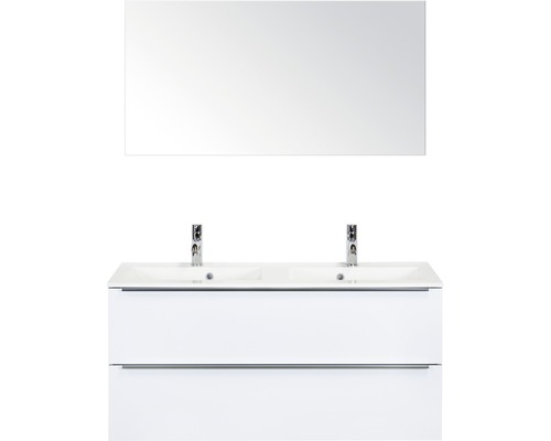 Set de meubles de salle de bains Sanox Pulse lxhxp 120 x 170 x 50 cm couleur de façade blanc haute brillance avec vasque en fonte minérale blanc et meuble sous vasque double vasque miroir
