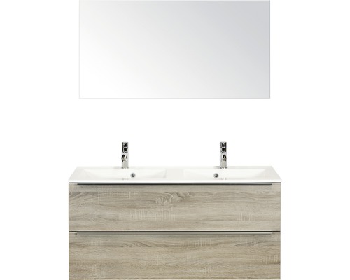 Doppelbadmöbel Sanox Pulse BxHxT 120 x 170 x 50 cm Frontfarbe eiche grau mit Waschtisch Mineralguss weiß und Waschtischunterschrank Doppelwaschtisch Spiegel Griff chrom matt 84727016