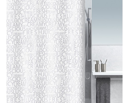 Rideau de douche textile 180x200 cm argent Caractères Spirella Salle de bain avec rideau de douche à motif de mots, robinetterie de douche et accessoires de salle de bain