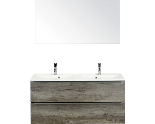 Set de meubles de salle de bains Sanox Pulse lxhxp 120 x 170 x 50 cm couleur de façade nebraska oak avec vasque en fonte minérale blanc et meuble sous vasque double vasque miroir