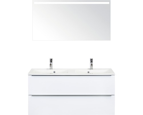 Badmöbel-Set Sanox Pulse BxHxT 120 x 170 x 50 cm Frontfarbe weiß hochglanz mit Waschtisch Mineralguss weiß und Waschtischunterschrank Doppelwaschtisch Spiegel mit LED-Beleuchtung