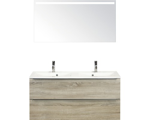 Set de meubles de salle de bains Sanox Pulse lxhxp 120 x 170 x 50 cm couleur de façade chêne gris avec vasque en fonte minérale blanc et meuble sous vasque double vasque miroir avec éclairage LED