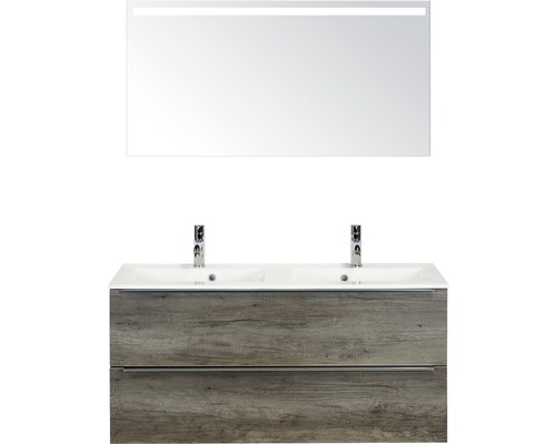 Set de meubles de salle de bains Sanox Pulse lxhxp 120 x 170 x 50 cm couleur de façade nebraska oak avec vasque en fonte minérale blanc et meuble sous vasque double vasque miroir avec éclairage LED
