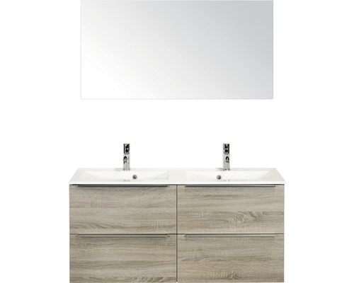 Badmöbel-Set Sanox Pulse BxHxT 120 x 170 x 50 cm Frontfarbe eiche grau mit Waschtisch Mineralguss weiß und Waschtischunterschrank Doppelwaschtisch Spiegel