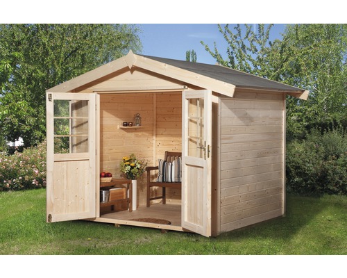 Abri de jardin en bois avec double porte et façade vitrée
