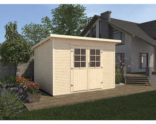 Gartenhaus weka 219 Gr.1 mit Fußboden 260 x 277 cm natur Holzgartenhaus mit Doppeltür vor einem Haus