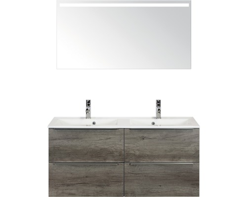 Badmöbel-Set Sanox Pulse BxHxT 120 x 170 x 50 cm Frontfarbe nebraska oak mit Waschtisch Mineralguss weiß und Waschtischunterschrank Doppelwaschtisch Spiegel mit LED-Beleuchtung