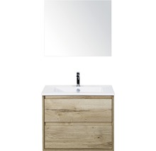 Badmöbel-Set Sanox Porto BxHxT 71 x 170 x 51 cm Frontfarbe eiche natur mit Waschtisch Keramik weiß und Waschtischunterschrank Waschtisch Spiegel
