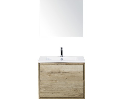 Badmöbel-Set Sanox Porto BxHxT 71 x 170 x 51 cm Frontfarbe eiche natur mit Waschtisch Keramik weiß und Waschtischunterschrank Waschtisch Spiegel