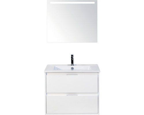 Badmöbel-Set Sanox Porto BxHxT 71 x 170 x 51 cm Frontfarbe weiß hochglanz mit Waschtisch Keramik weiß und Waschtischunterschrank Waschtisch Spiegel mit LED-Beleuchtung
