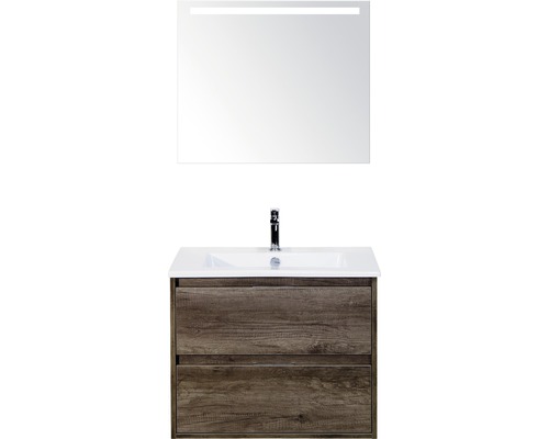 Set de meubles de salle de bains Sanox Porto lxhxp 71 x 170 x 51 cm couleur de façade nebraska oak avec vasque céramique blanc et meuble sous vasque vasque miroir avec éclairage LED