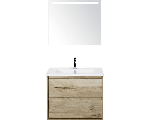 Set de meubles de salle de bains Sanox Porto lxhxp 71 x 170 x 51 cm couleur de façade chêne naturel avec vasque céramique blanc et meuble sous vasque vasque miroir avec éclairage LED