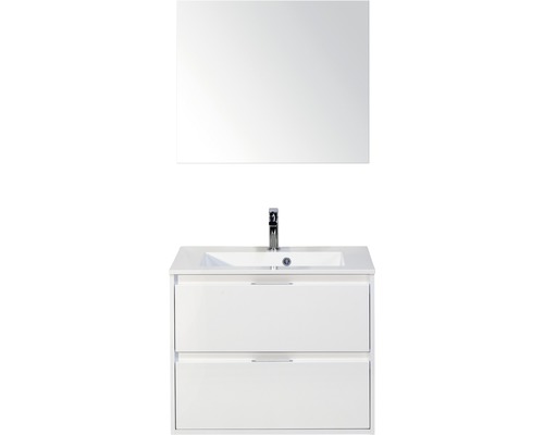 Set de meubles de salle de bains Sanox Porto lxhxp 70 x 170 x 50 cm couleur de façade blanc haute brillance avec vasque en fonte minérale blanc et meuble sous vasque vasque miroir