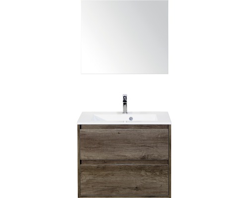 Badmöbel-Set Sanox Porto BxHxT 70 x 170 x 50 cm Frontfarbe nebraska oak mit Waschtisch Mineralguss weiß und Waschtischunterschrank Waschtisch Spiegel