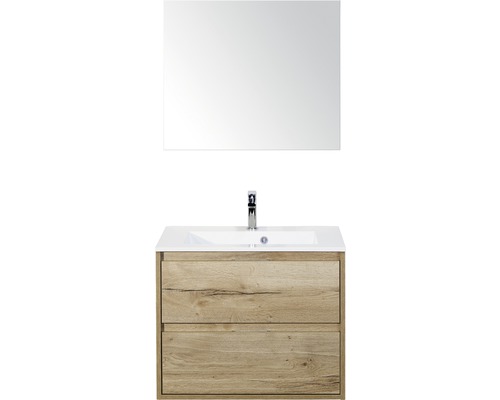 Badmöbel-Set Sanox Porto BxHxT 70 x 170 x 50 cm Frontfarbe eiche natur mit Waschtisch Mineralguss weiß und Waschtischunterschrank Waschtisch Spiegel