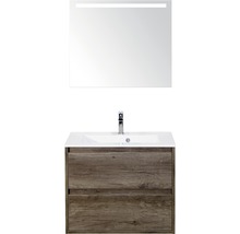 Badmöbel-Set Sanox Porto BxHxT 70 x 170 x 50 cm Frontfarbe nebraska oak mit Waschtisch Mineralguss weiß und Waschtischunterschrank Waschtisch Spiegel mit LED-Beleuchtung