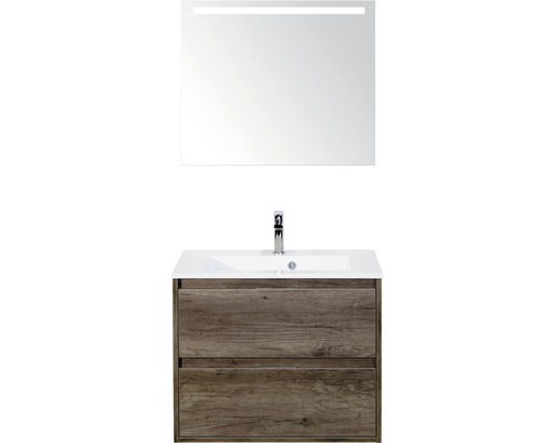 Badmöbel-Set Sanox Porto BxHxT 70 x 170 x 50 cm Frontfarbe nebraska oak mit Waschtisch Mineralguss weiß und Waschtischunterschrank Waschtisch Spiegel mit LED-Beleuchtung