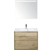Badmöbel-Set Sanox Porto BxHxT 70 x 170 x 50 cm Frontfarbe eiche natur mit Waschtisch Mineralguss weiß und Waschtischunterschrank Waschtisch Spiegel mit LED-Beleuchtung