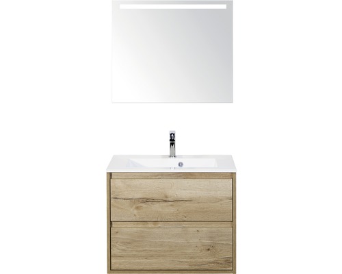 Badmöbel-Set Sanox Porto BxHxT 70 x 170 x 50 cm Frontfarbe eiche natur mit Waschtisch Mineralguss weiß und Waschtischunterschrank Waschtisch Spiegel mit LED-Beleuchtung