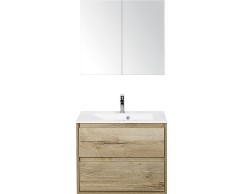 Set de meubles de salle de bains Sanox Porto lxhxp 70 x 170 x 50 cm couleur de façade chêne naturel avec vasque en fonte minérale blanc