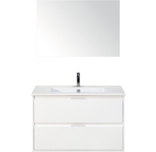 Badmöbel-Set Sanox Porto BxHxT 91 x 170 x 51 cm Frontfarbe weiß hochglanz mit Waschtisch Keramik weiß und Waschtischunterschrank Waschtisch Spiegel