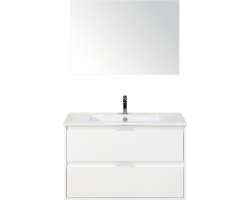 Badmöbel-Set Sanox Porto BxHxT 91 x 170 x 51 cm Frontfarbe weiß hochglanz mit Waschtisch Keramik weiß und Waschtischunterschrank Waschtisch Spiegel