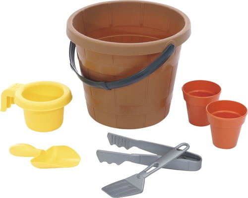 Sandkastenset mit Eimer, Schaufel, Becher, zwei Blumentöpfen und Grillzange