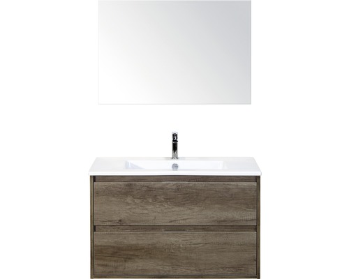 Badmöbel-Set Sanox Porto BxHxT 91 x 170 x 51 cm Frontfarbe nebraska oak mit Waschtisch Keramik weiß und Waschtischunterschrank Waschtisch Spiegel