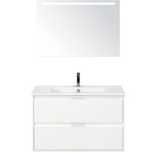 Badmöbel-Set Sanox Porto BxHxT 91 x 170 x 51 cm Frontfarbe weiß hochglanz mit Waschtisch Keramik weiß und Waschtischunterschrank Waschtisch Spiegel mit LED-Beleuchtung
