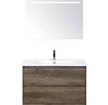 Badmöbel-Set Sanox Porto BxHxT 91 x 170 x 51 cm Frontfarbe nebraska oak mit Waschtisch Keramik weiß und Waschtischunterschrank Waschtisch Spiegel mit LED-Beleuchtung