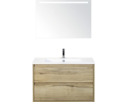 Badmöbel-Set Sanox Porto BxHxT 91 x 170 x 51 cm Frontfarbe eiche natur mit Waschtisch Keramik weiß und Waschtischunterschrank Waschtisch Spiegel mit LED-Beleuchtung Waschtischkombination mit Spiegel und Unterschrank