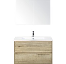 Badmöbel-Set Sanox Porto BxHxT 91 x 170 x 51 cm Frontfarbe eiche natur mit Waschtisch Keramik weiß