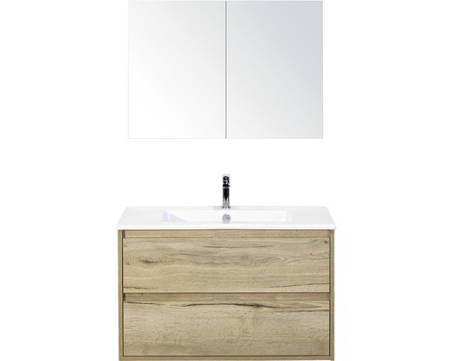 Badmöbel-Set Sanox Porto BxHxT 91 x 170 x 51 cm Frontfarbe eiche natur mit Waschtisch Keramik weiß Badmöbel-Set Sanox Porto BxHxT 91 x 170 x 51 cm Frontfarbe eiche natur mit Waschtisch Keramik weiß
