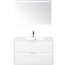 Badmöbel-Set Sanox Porto BxHxT 90 x 170 x 50 cm Frontfarbe weiß hochglanz mit Waschtisch Mineralguss weiß und Waschtischunterschrank Waschtisch Spiegel mit LED-Beleuchtung