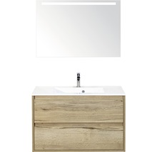 Badmöbel-Set Sanox Porto BxHxT 90 x 170 x 50 cm Frontfarbe eiche natur mit Waschtisch Mineralguss weiß und Waschtischunterschrank Waschtisch Spiegel mit LED-Beleuchtung
